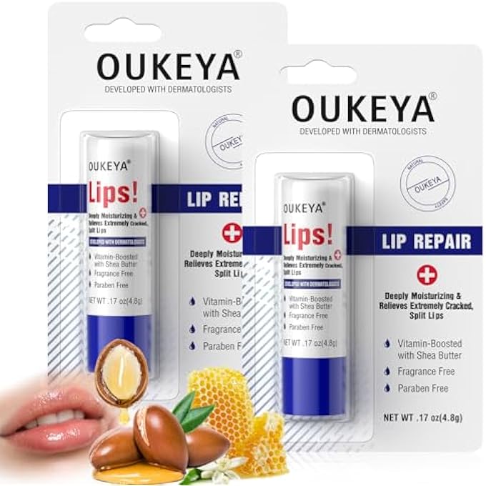OUKEYA MEDICATED LIP BALM HYDRATING W/PETROLATUM, SHEA BUTTER, BEESWAX, 100% NATURAL INGREDIENTS, ORGANIC LIP BUTTER BALM & MOISTURIZERS LIP REPAIR FOR DRY CRACKED LIPS OVERNIGHT LIP TREATMENT (2PCS) - Image 1